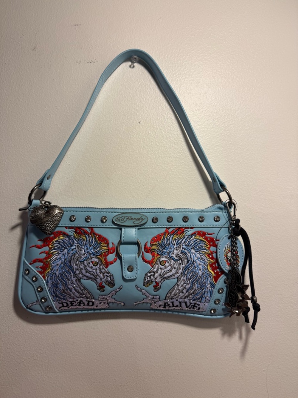 Ed Hardy light blue shoulder bag dead or alive print rhinestone horses NWT